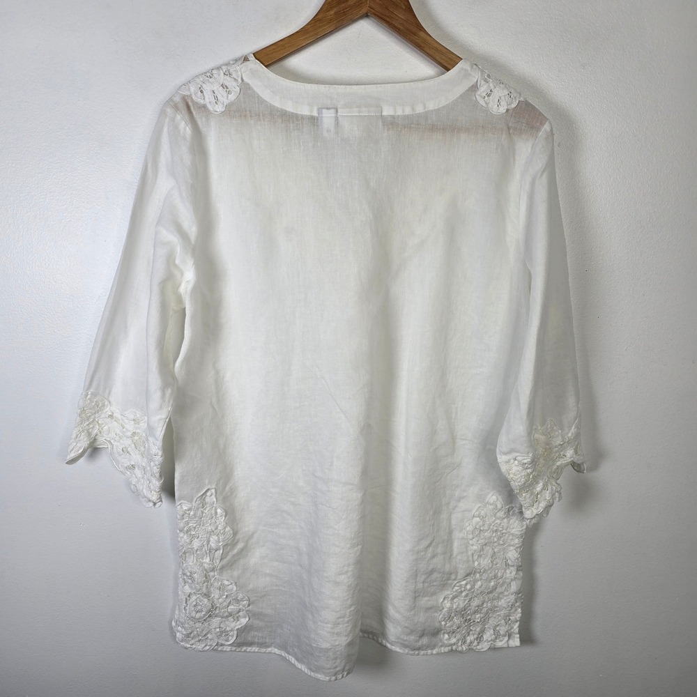 Chicos White Lace‎ Trim Tunic 3/4 Sleeve V-Neck Linen Cotton Boho Beach Size L - Picture 2 of 6